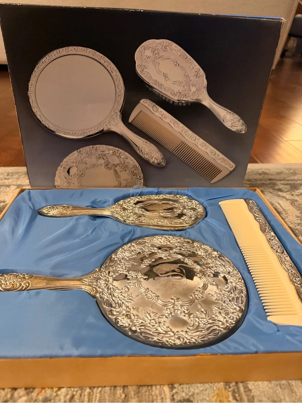 Vintage-Style Silver plated  Ornate Hand Mirror and Brush Set - dresser set